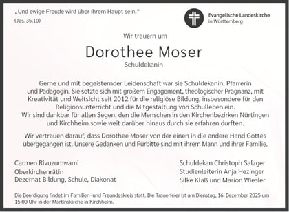 Todesanzeige Schuldekanin Moser